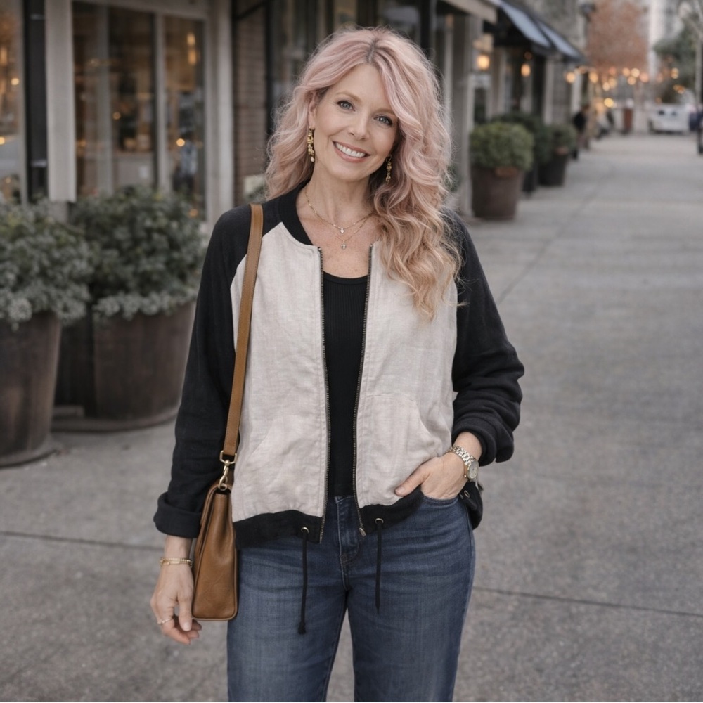 Just Living Linen Bomber Jacket Black White Lightweight Zip Size L